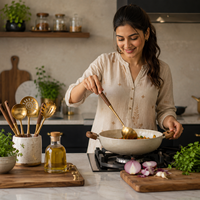Set Peralatan Dapur Tembaga Vintage dengan Gagang Kayu, Peralatan Masak Warna Rose Gold, Sendok Sajian, Spatula, Garpu, Dekorasi Dapur, Set Hadiah