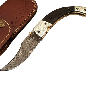 Navaja de bolsillo plegable de acero de Damasco hecha a mano con mango negro, empeines plateados con grabado floral y hoja curva con patrón, cuchillo EDC - Product Image 5