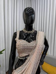 Lehenga Sari beige en faux georgette avec broderie de fils et de sequins, tenue ethnique pour femmes pour les mariages et les fêtes - Product Image 2