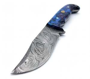 Handcrafted Damascus Steel Outdoor Utility Tool with Blue Swirl <b>Resin</b> Handle - Product Image 4
