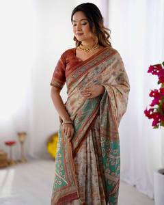 Sari de Lino y Algodón con Estampado Digital, Última Tendencia India, Elegante, Tradicional, Festivo, para Bodas, Verano, Casual, Graduación - Product Image 1