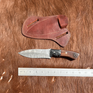 Custom High Quality Damascus Steel Outdoor Hunting/Skinning/Camping Knife <b>Drop</b> Point Wood Handle Leather Sheath 3-Year Warranty - Product Image 1