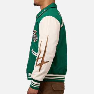 Veste varsity pour homme, verte et blanche, coupe-vent, 100% polyester, logo brodé, col rabattu, style décontracté pour l'hiver - Product Image 5