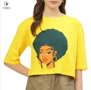 INDEX APPAREL Women's Yellow Crop <b>Top</b> Crew Neck Three Quarter Sleeve Character Print Casual Spring Summer Wear - Product Image 1