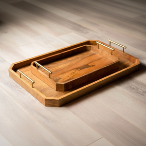 Plateau de service octogonal en bois de luxe en gros pour hôtels et restaurants, avec poignée dorée élégante, vaisselle de table - Product Image 1