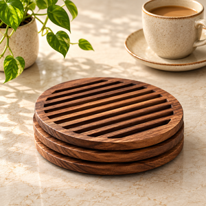 Sous-verre en bois à rainures linéaires découpé au laser, en bois massif de qualité supérieure, résistant à la chaleur, pour la protection et la décoration moderne de table - Product Image 1