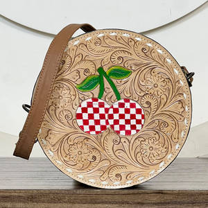 Hand Tooled Floral Round Crossbody Handbags Genuine Leather Checkered Cherry Design Evening Shoulder <b>Bags</b> for Daily Use <b>Bag</b> - Product Image 2