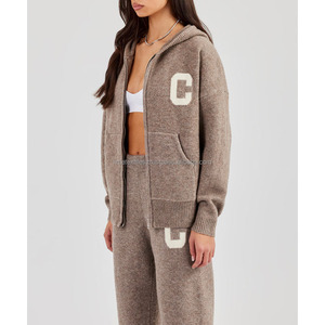 Wholesale Women's Vintage Style Fuzzy Breathable Knit Two-Piece Set with Hooded Collar Zipper Cardigan and Jogger Pants - Product Image 5