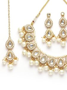 Ensemble collier, boucles d'oreilles et bracelet en alliage plaqué or, imitation perle, forme goutte d'eau, bijoux de mariage classiques pour femmes - Product Image 3
