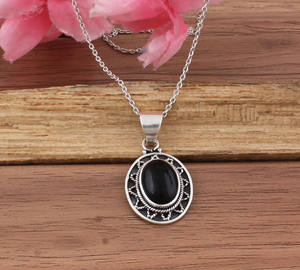Natural Black Onyx Oval Charms <b>Necklace</b> 925 Sterling Silver Platinum Plated Vintage Jewelry Chain November Birthstone Gift - Product Image 1