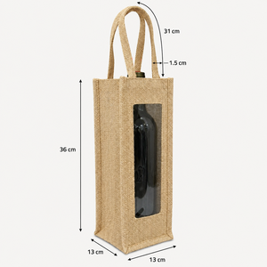 Sac cadeau pour bouteille de vin en jute naturel laminé avec logo personnalisé et fenêtre transparente en PVC, vente en gros, OEM, ODM, fabricant de marques privées - Product Image 3