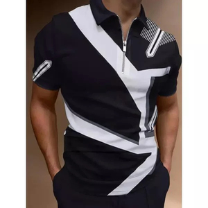 Men's Geometric Color Blocked Zipper <b>Polo</b> Shirt Short Sleeve Knitted Sporty Style Regular Fit Black <b>White</b> Design - Product Image 1