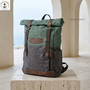 <b>Rugged</b> Roll Top Canvas Backpack with Padded Straps | Oil Waxed Two Tone Travel Rucksack with Side Pocket and Zipper Access - Product Image 4