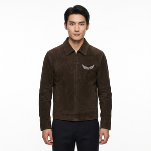 <b>Men's</b> Brown <b>Suede</b> Zip-Up <b>Jacket</b> Turn-Down Collar Casual Autumn Wear Regular Fit - Product Image 4