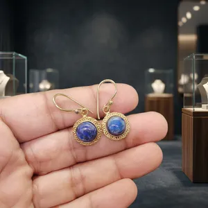 Boucles d'oreilles en laiton et lapis-lazuli naturel, bijoux artisanaux en pierres précieuses, vente en gros - Product Image 4