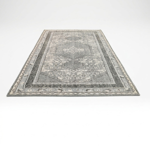 Tapis de zone moderne personnalisé de haute qualité gris ivoire vieilli à triple médaillon, bordure géométrique, écologique, antidérapant, tufté à la main - Product Image 2