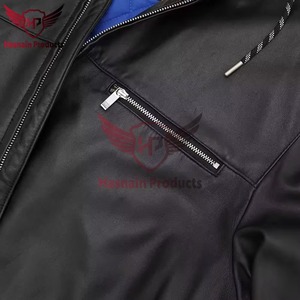 Blouson en cuir véritable noir pour homme avec doublure bleue, style motard, en cuir de vachette, avec poignets élastiques, personnalisé, classique, chaud pour l'hiver - Product Image 2