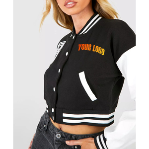 Blouson universitaire noir pour femme, coupe courte, manches longues, col rabattu, boutonnage, imprimé logo, vêtement d'extérieur décontracté pour l'automne - Product Image 6