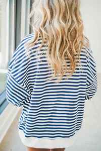 Sudadera de punto extragrande a rayas azules y blancas para mujer, con hombros caídos, manga larga, cuello redondo, para verano, cuello simulado - Product Image 6