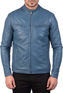 <b>Men</b> Blue Genuine <b>Leather</b> Biker <b>Jacket</b> Motorcycle <b>Jacket</b> Gatsby Blue <b>Leather</b> Biker <b>Jacket</b> - Product Image 1