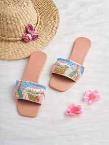 Sandalias Planas Hechas a Mano con Cuentas para Mujer, Sandalias de Verano con Punta Abierta, Estilo Slip-On, Modernas, Color Rosa - Product Image 1