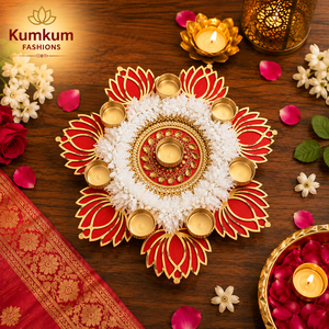 Diwali <b>Christmas</b> Decor <b>Tea</b> <b>Light</b> Candle Holder Lotus Rangoli Set Wood Metal Handmade Eco-Friendly Carved 8" Home Office Wedding - Product Image 3