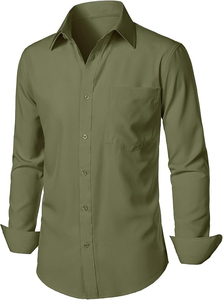 เสื้อเชิ้ตผู้ชายแขนยาวสีเขียวมะกอก กระดุมทรงแตร ผ้าป๊อปลินทอล์นด์ สีพื้น ป้องกันรอยยับ ทรงทางการ ปกคอเสื้อพับได้ - Product Image 3