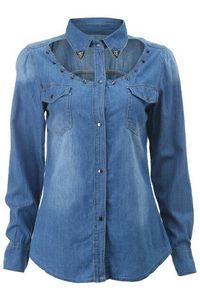 Chemise en jean pour femme, en coton lavé, à manches courtes, boutonnée, col rabattu, avec poches, pour un usage quotidien - Product Image 3