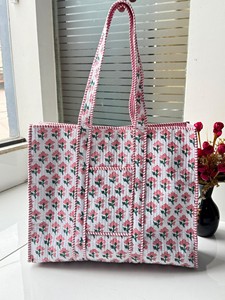 <b>Boho</b> Quilted Tote Shoulder Patch <b>Bag</b> Eco-Friendly Cotton Handprint Floral Customizable Logo Weekday Weekend Custom Printing - Product Image 3