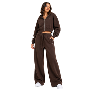 Women's <b>Cropped</b> <b>Zip</b> <b>Up</b> Hoodie & Ultra Wide Leg Sweatpants 2-Piece Matching Sets Wholesale Custom Logo Cotton Fleece Casualwear - Product Image 1