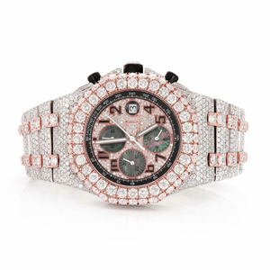 Reloj Cronógrafo Moissanite Totalmente Cubierto de Diamantes, Reloj de Pulsera de Lujo de Acero Inoxidable de Dos Tonos con Esfera Árabe Estilo Diamante - Product Image 1
