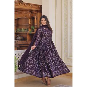 LIKSHA 2 <b>COLOUR</b> RANI & WINE EMBROIDERED GEORGETTE ANARKALI FULLY STITCHED SUIT <b>SET</b> -TD 124- - Product Image 1