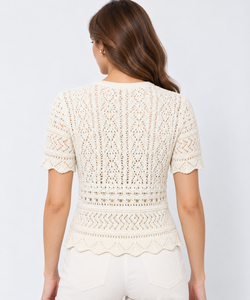 Blusa de punto de ganchillo holgada para mujer, manga corta, con botones frontales, cuello redondo, diseño hueco, top tipo jersey, longitud regular, ropa casual de verano - Product Image 4