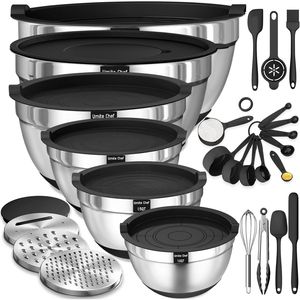 Set di 26 Ciotole in Acciaio Inox con 3 Grattugie, Fondo Antiscivolo Nero e Coperchi Ermetici, Misure 7, 4, 2 - Set di Utensili da Cucina - Product Image 1
