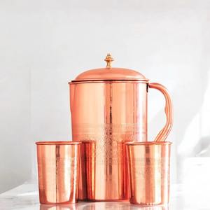 Jarra de agua de cobre puro premium con dos vasos a juego, ideal para servir agua potable, estilo de vida saludable y uso doméstico. - Product Image 1