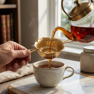 Solid Copper <b>Tea</b> Strainer With Drip Bowl Geometric Handle Fine Perforated Bowl Loose Leaf Herbal <b>Tea</b> Steeper Metallic Teaware - Product Image 4