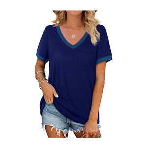 T-shirts confortables pour femmes, manches courtes, col en V, coupe ample, décontractés, pour l'été 2026, avec poche, haute qualité, service OEM, nouveau design - Product Image 1