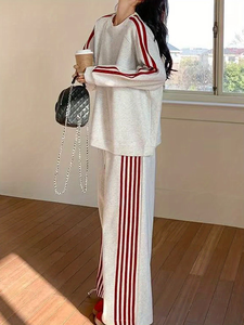 Ensemble de vêtements de sport décontractés et élégants pour femmes, style universitaire d'hiver, coupe régulière, sweat-shirt rayé et pantalon de jogging, ensemble 2 pièces, 100% coton Terry - Product Image 3