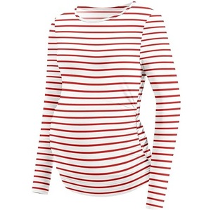 T-shirt de maternité rayé à col rond, coupe ajustée, en coton, pour l'extérieur, service OEM, haut de grossesse et d'allaitement à manches longues - Product Image 2