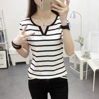 Groothandel Zomer Streetwear Dames T-shirts 100% Katoen Ronde Hals Gestreept Korte Mouw 140g Aangepast Merklogo Anti-Pilling
