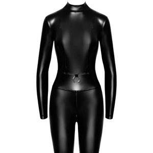 Mono ajustado de manga larga con cremallera y cintura alta para mujer, de PU negro, color liso, para discoteca - Product Image 4