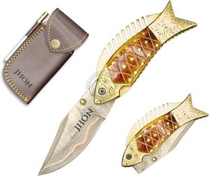 Unique <b>Copper</b> Damascus Steel Artistic Fish Folding Pocket Knife Collectible EDC Multi-Functional Camping Hunting Knife - Product Image 1