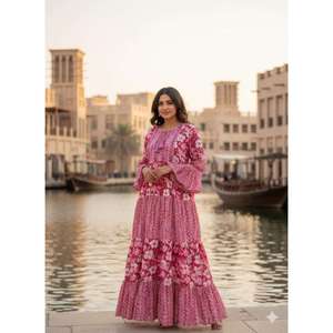 Women Eye-Catching Pink Floral Maxi <b>Dress</b> O Neck Casual <b>Dress</b> Trendy <b>Boho</b> Cotton Printed <b>Dress</b> Supplier - Product Image 1