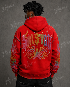 Men's Rhinestone Graphic Pullover Hoodie Custom Streetwear <b>Red</b> Oversized Hip Hop Sweatshirt with Embroidery & <b>Sequin</b> Design - Product Image 2