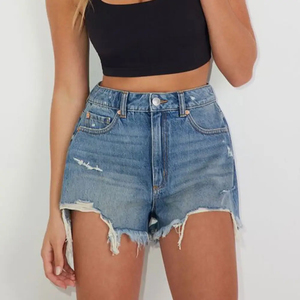 Shorts de mezclilla de cintura alta para mujer, con corte asimétrico, color liso, estilo casual de verano, con dobladillo deshilachado, shorts de jean azules - Product Image 4