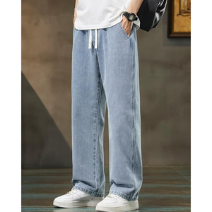 กางเกงยีนส์ทรงตรงขาตรงสำหรับผู้ชาย – กางเกงยีนส์ทรงหลวมเอวยางยืดพร้อมเชือกผูกและกระเป๋าสไตล์ Y2K - Product Image 4