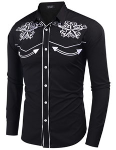 Chemise Western Noire Brodé pour Homme, Coupe Slim, Boutons Pression Perlés, Col Passepoilé, Manches Longues Contrastantes, Idéale pour Spectacles Scéniques - Product Image 3