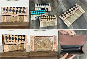 Femmes occidentales mode luxe Durable longue haute capacité usiné à la main portefeuilles en cuir à carreaux pochette de téléphone portable en peau de vache personnalisée - Product Image 3