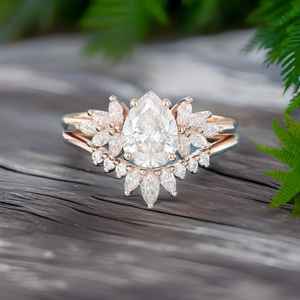 Pear Shaped Moissanite Engagement Ring Set Vintage 925 14K Rose <b>Gold</b> Plated Marquise Cluster Curve Ring - Product Image 2