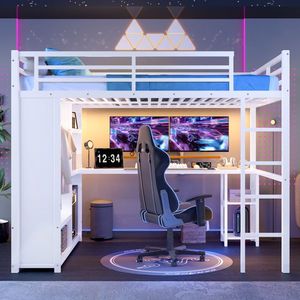 Letto a soppalco matrimoniale in metallo con scrivania bianca e scaffali contenitore, armadio integrato - Product Image 5